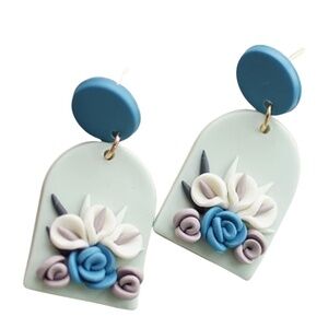 Mint Blue Floral Arch Polymer Clay Earrings – Delicate Handmade Bouquet Design